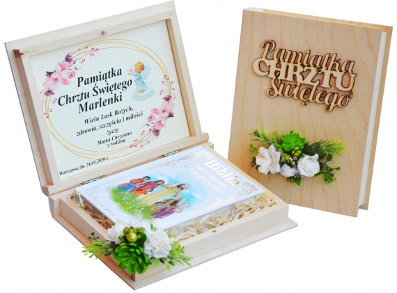 Oryginalny prezent na Chrzest Św. - drewniana szkatułka z spersonalizowaną dedykacją