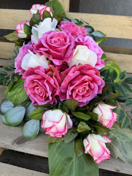 DUŻE RÓŻE Piękna Wiązanka Stroik Sztuczne KWIATY na Cmentarz Grób JAK ŻYWE