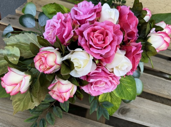 DUŻE RÓŻE Piękna Wiązanka Stroik Sztuczne KWIATY na Cmentarz Grób JAK ŻYWE