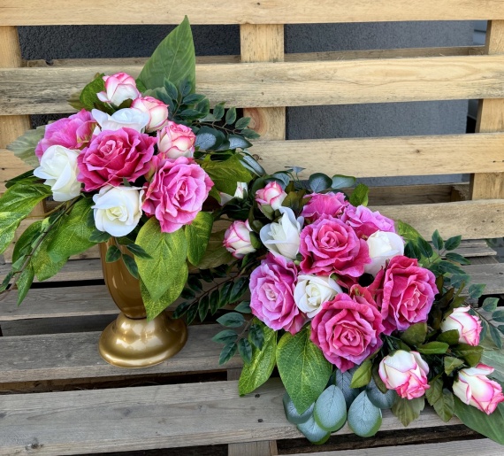 DUŻE RÓŻE Wiązanka BUKIET Stroik Sztuczne KWIATY na Cmentarz Grób JAK ŻYWE