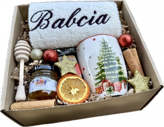 Prezent na Święta Świąteczny dla Babci Dziadka Ręcznik z Haftem Kubek Miód