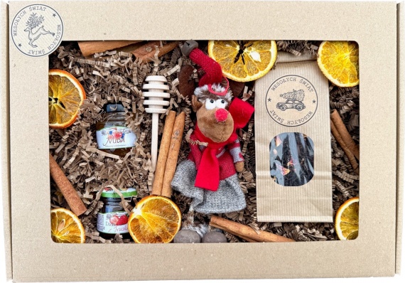 Śliczny Prezent na Święta Zestaw Prezentowy pod Choinkę Herbata Miód Renifer