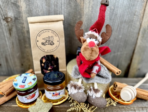 Śliczny Prezent na Święta Zestaw Prezentowy pod Choinkę Herbata Miód Renifer