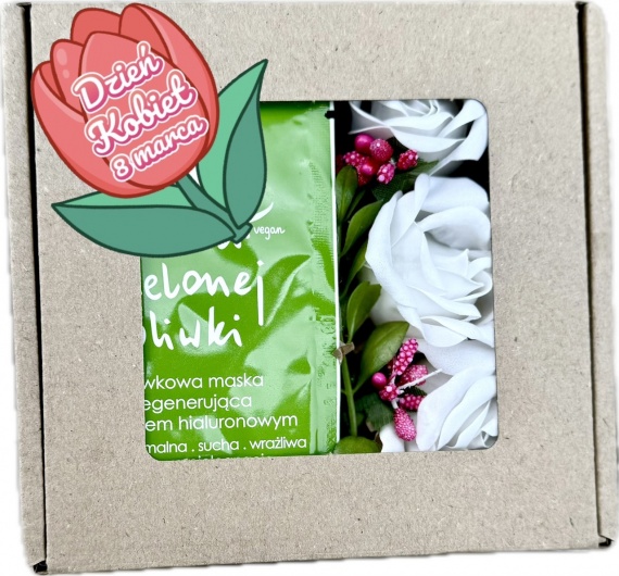 Śliczny Prezent na Dzień Kobiet Box Kosz Prezentowy Mydlane Kwiaty Maseczka