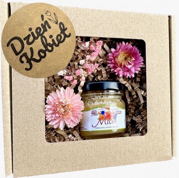 Prezent na Dzień Kobiet Box Kosz Prezentowy Miód Kwiaty dla Nauczycielek