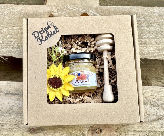 Miły Prezent na Dzień Kobiet Box Kosz Prezentowy Miód Miodek Kwiatek dla