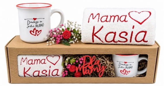 Prezent dla Mamy na Dzień Matki Róże Kubek Ręcznik z Haftem PIĘKNY ZESTAW