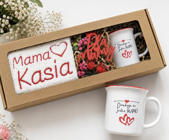 Prezent dla Mamy na Dzień Matki Róże Kubek Ręcznik z Haftem PIĘKNY ZESTAW