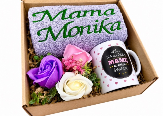 Prezent dla Mamy Box Prezentowy na Dzień Matki Kubek Ręcznik z Twoim Haftem