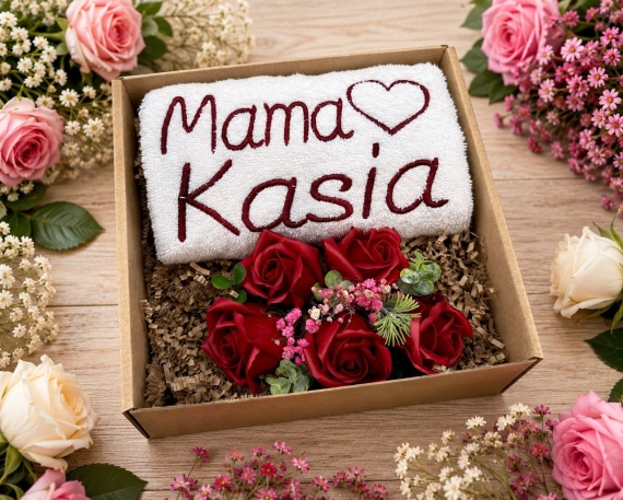 Prezent dla Mamy na Dzień Matki Ręcznik z Haftem Imieniem + Róże Mydlane