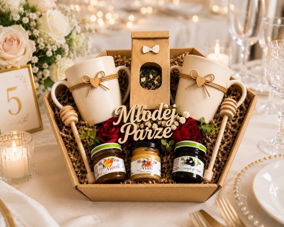 Elegancki Prezent na ślub ślubne Kosz Prezentowy dla Młodej Pary Kubki
