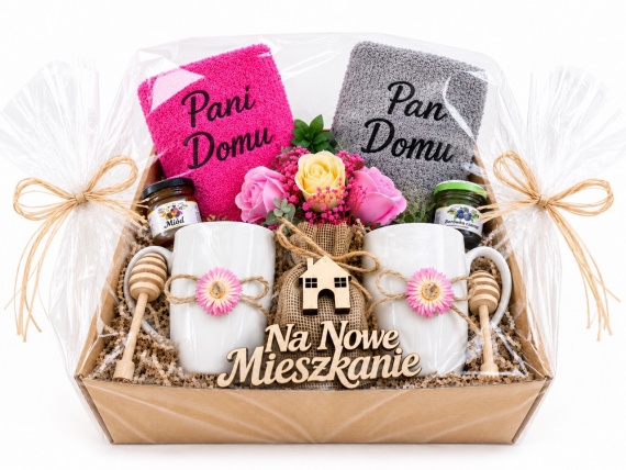 Prezent na Parapetówkę Kosz Prezentowy Ręczniki z Haftem Kwiaty Mydlane